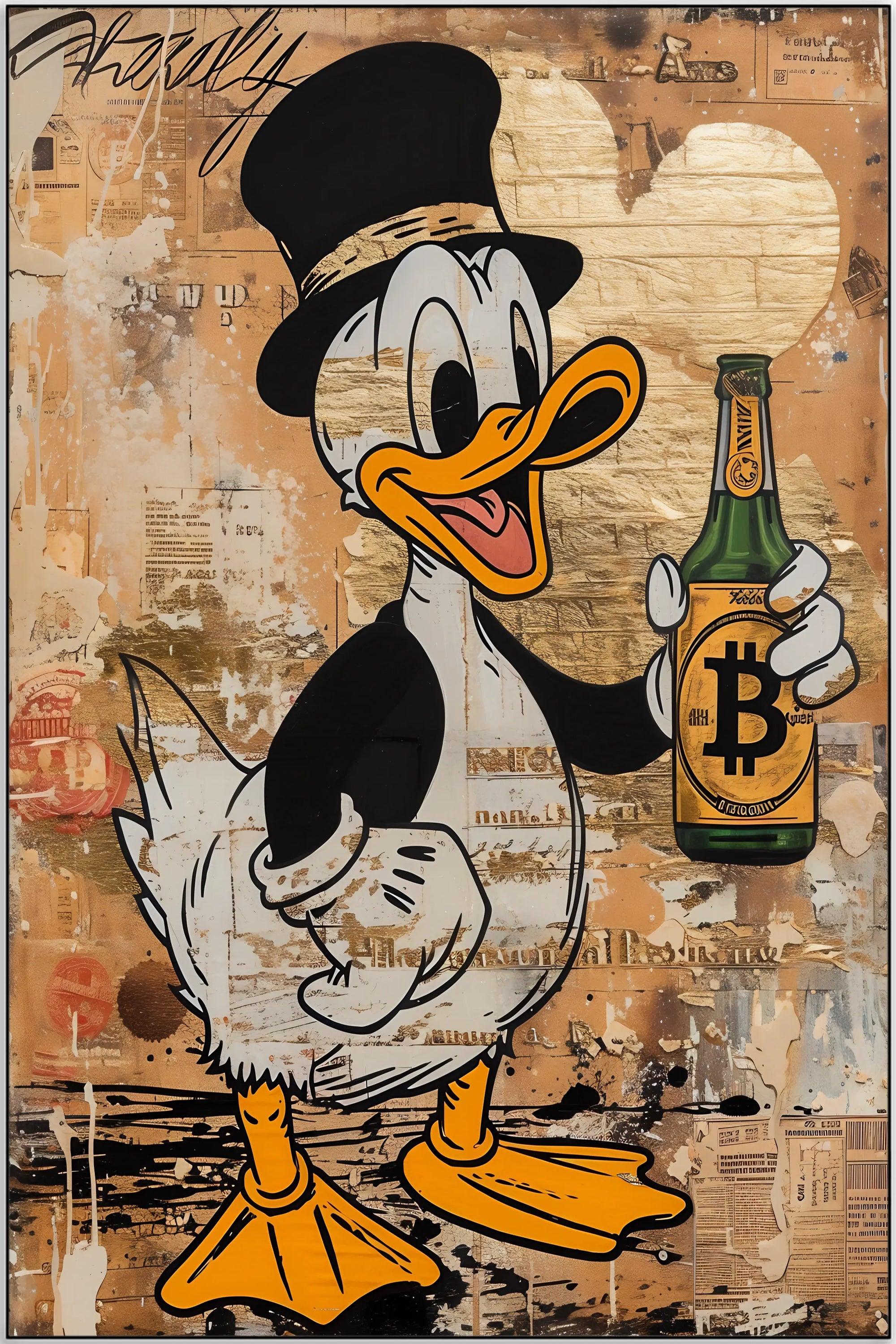 Plakat - Anders And med bitcoin flaske - Admen.dk
