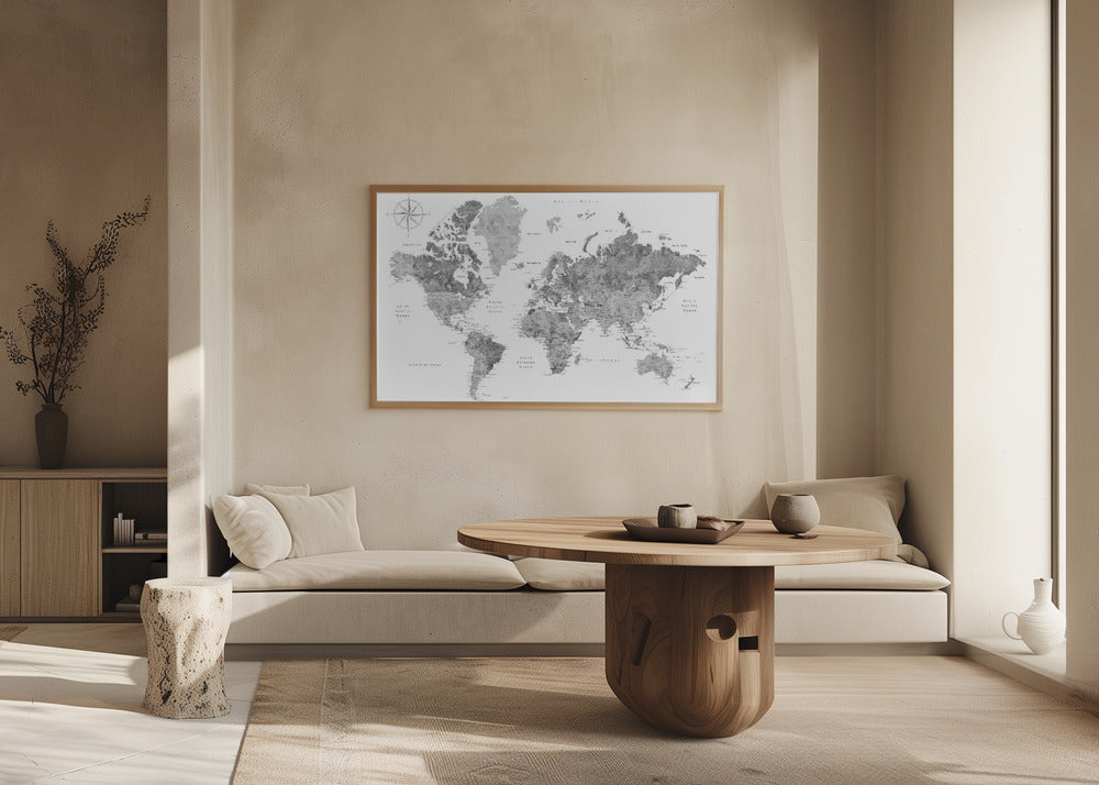 Plakat - Grayscale watercolor world map with cities, Rylan
