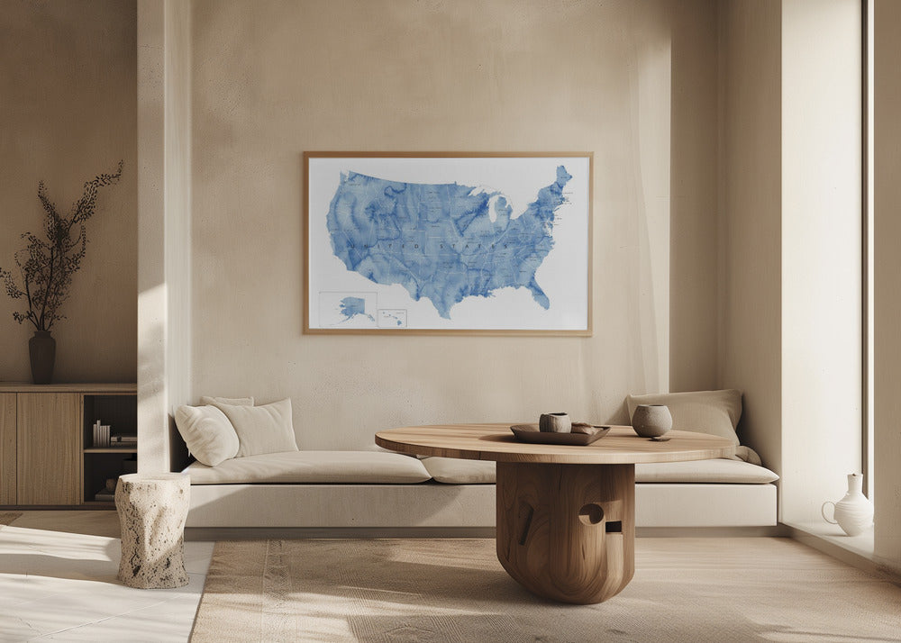 Poster - Blue watercolor map of the USA with states and state capitals