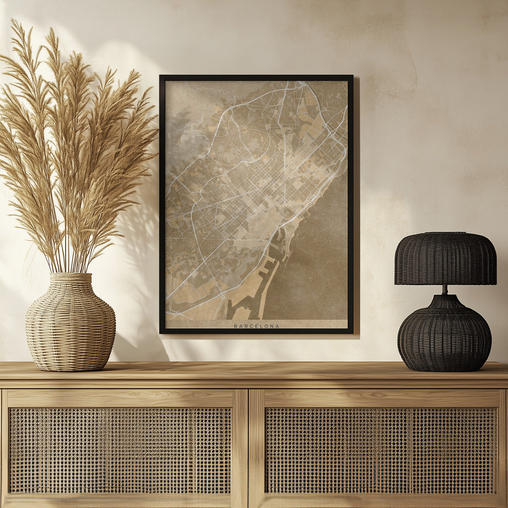 Plakat - Map of Barcelona (Spain) in sepia vintage style