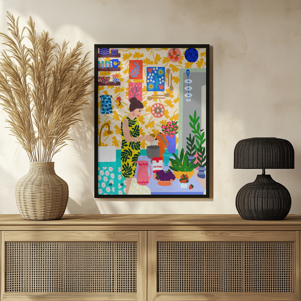 Plakat - A Woman In A Kitchen With Flowers - Admen.dk