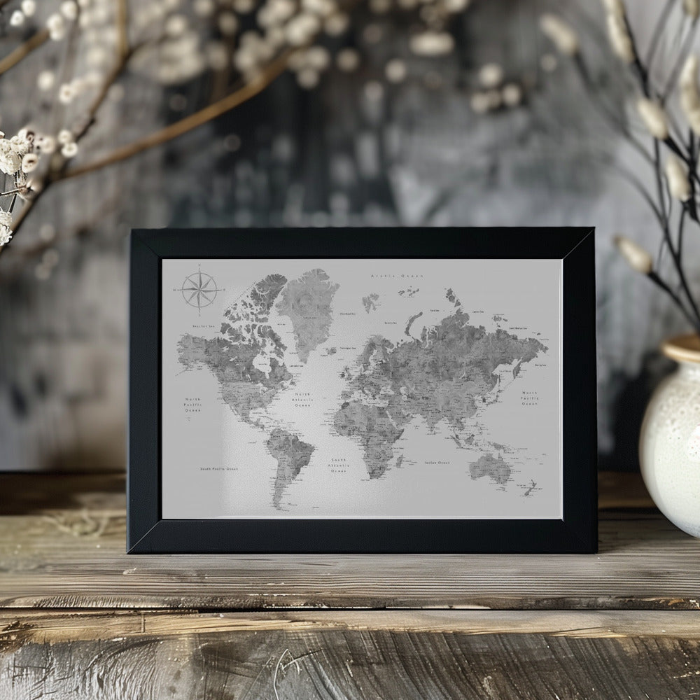 Plakat - Grayscale watercolor world map with cities, Rylan