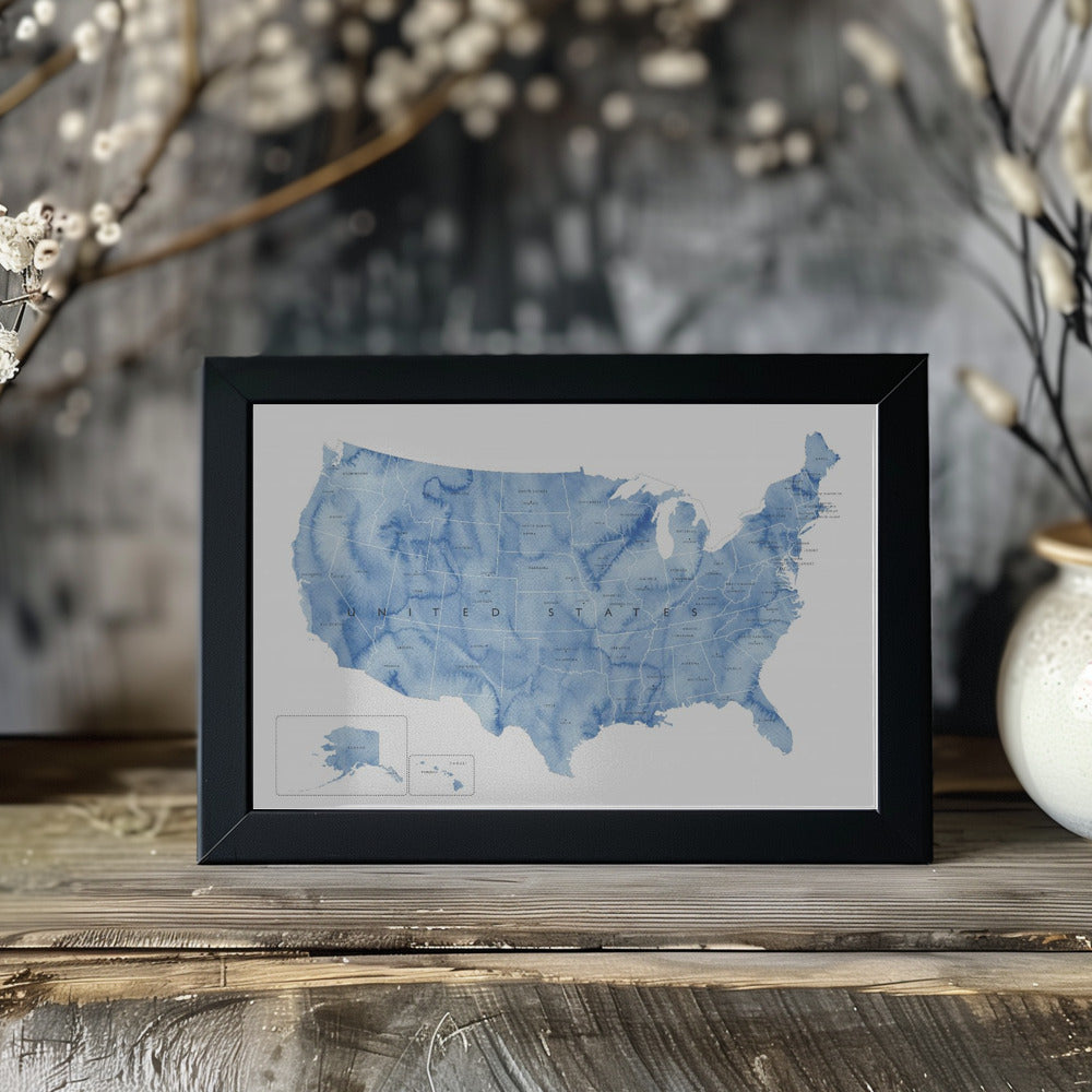 Poster - Blue watercolor map of the USA with states and state capitals