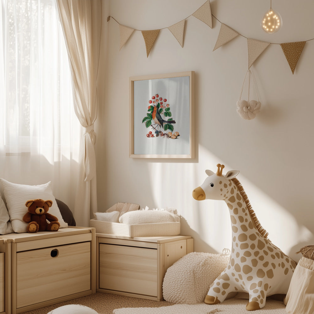 Plakat - European Robin and Wild Strawberry - Admen.dk