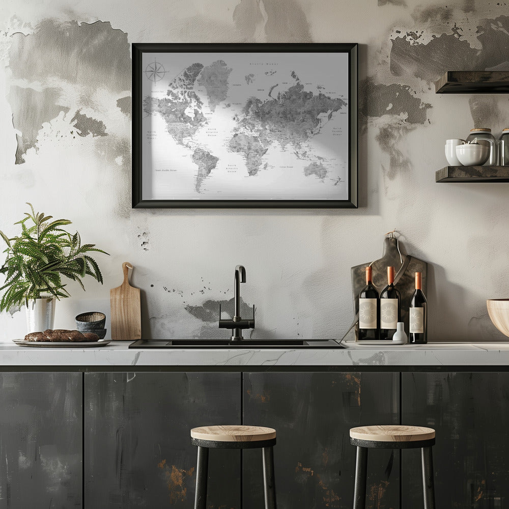 Plakat - Grayscale watercolor world map with cities, Rylan