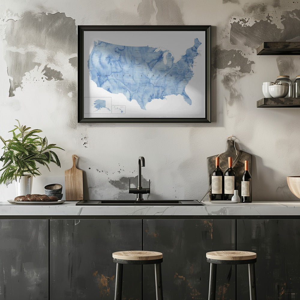 Poster - Blue watercolor map of the USA with states and state capitals