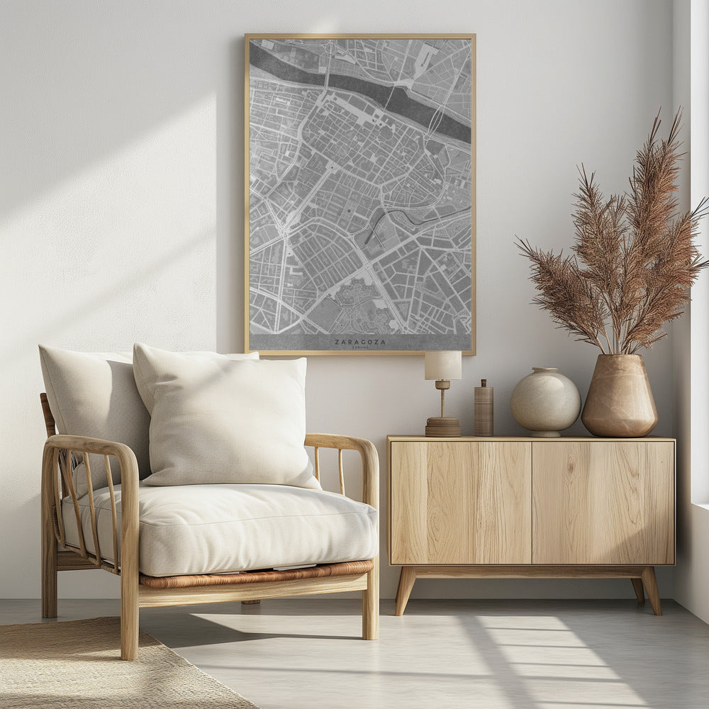 Plakat - Map of Zaragoza downtown (Spain) in gray vintage style