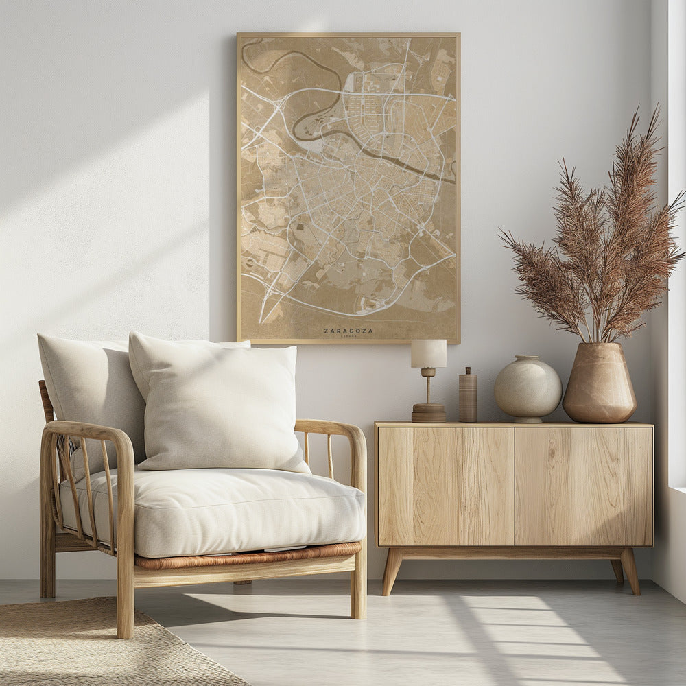 Plakat - Map of Zaragoza (Spain) in sepia vintage style