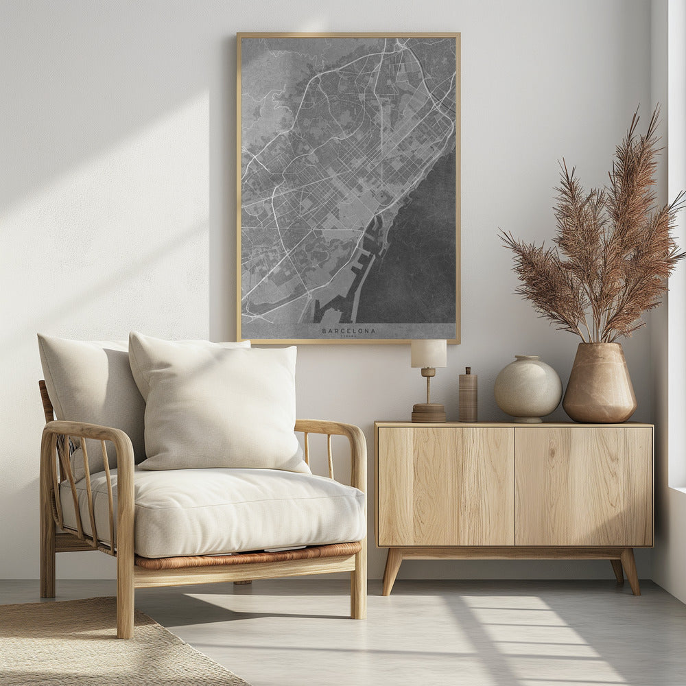Plakat - Map of Barcelona (Spain) in gray vintage style