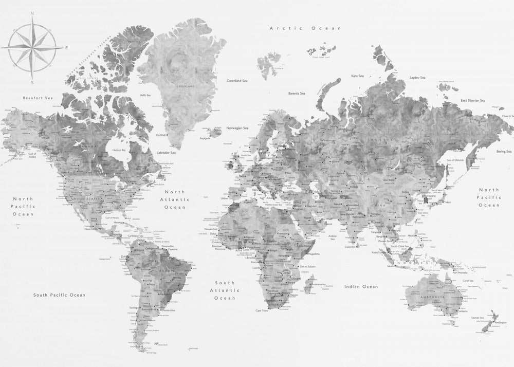 Plakat - Grayscale watercolor world map with cities, Rylan