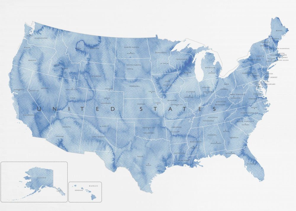 Poster - Blue watercolor map of the USA with states and state capitals