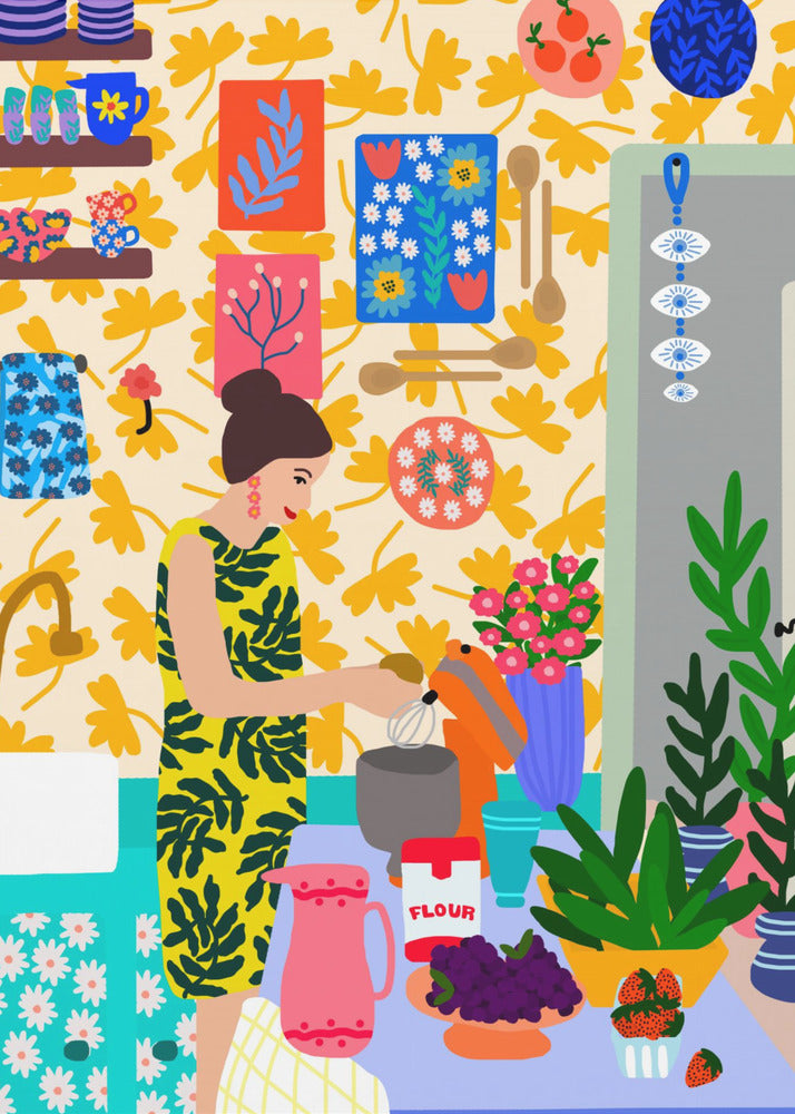 Plakat - A Woman In A Kitchen With Flowers - Admen.dk